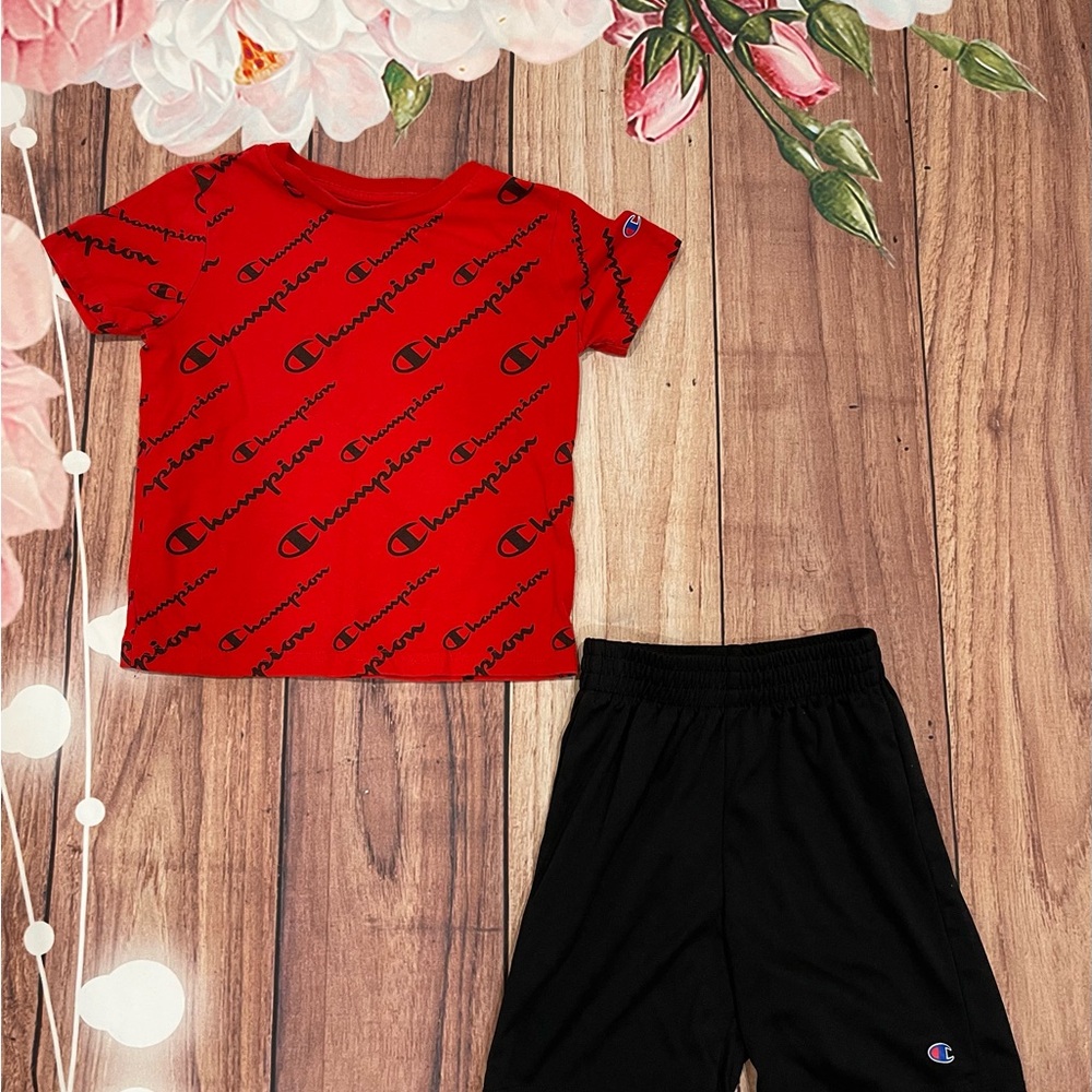 Champion All-Over Logo Print Red and Black  Boys Shorts Set